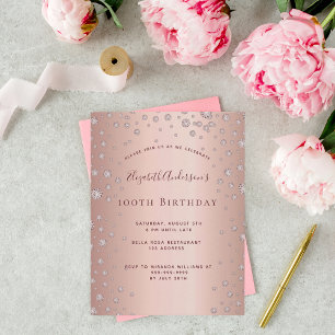 100th birthday party rose gold diamond invitation postcard