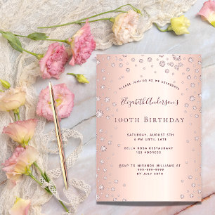 100th birthday party rose gold diamond sprinkle invitation