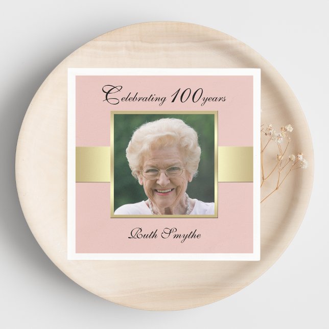 100th Birthday Party Rose Gold Photo Napkins (Creator Uploaded)