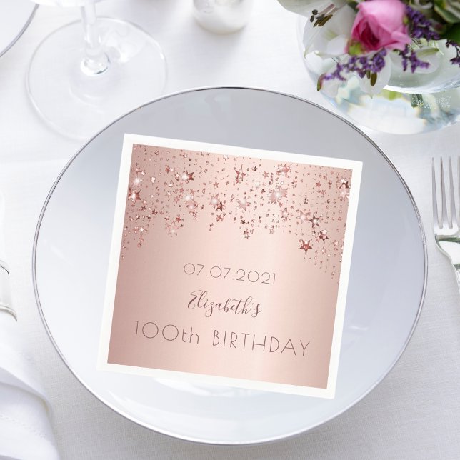 100th birthday party rose gold stars drips pink napkin (Creator Uploaded)