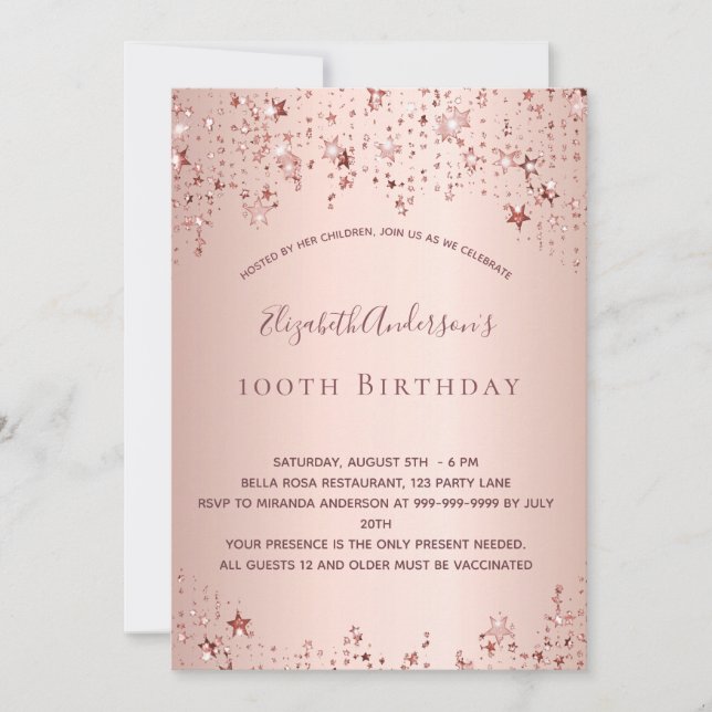 100th birthday party rose gold stars sprinkle invitation (Front)