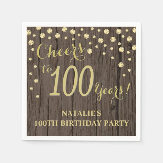 100th Birthday Party Rustic Wood and Gold Diamond  Napkin (Front)