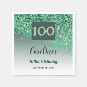 100th Birthday Party Sparkle Green Glitter Napkin