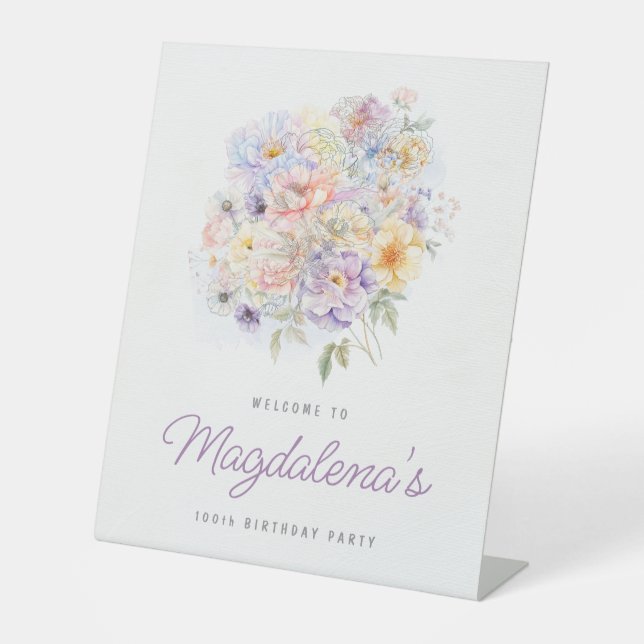 100th Birthday Party Spring Flower Bouquet Welcome Pedestal Sign (Front)