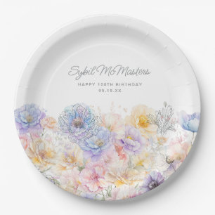100th Birthday Party Summer Watercolor Floral Paper Plate