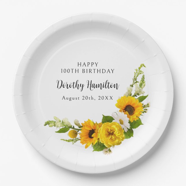 100th Birthday Party Sunflower Daisy Custom Paper Plate (Front)