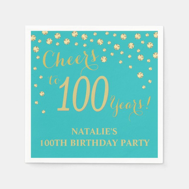 100th Birthday Party Teal and Gold Diamond Napkins (Front)