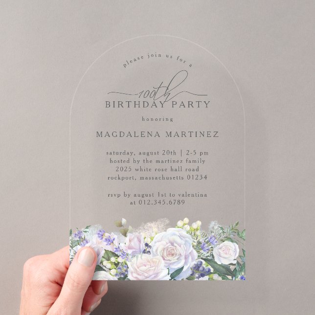 100th Birthday Party White Rose Blue Floral Arch Acrylic Invitations (Insitu (Handheld))