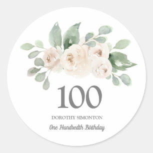 100th Birthday Party White Rose Eucalyptus Classic Round Sticker