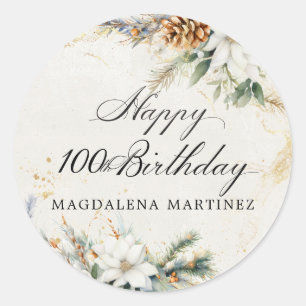 100th Birthday Party White Winter Floral Custom Classic Round Sticker