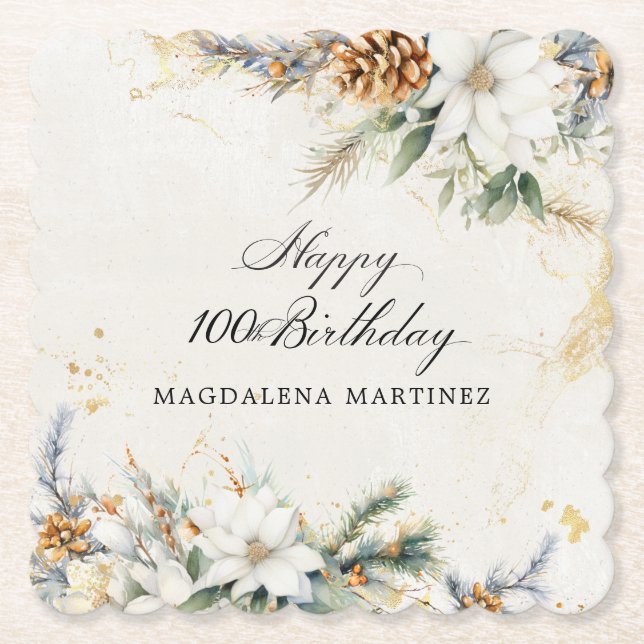 100th Birthday Party White Winter Floral Custom Paper Coaster (Front)