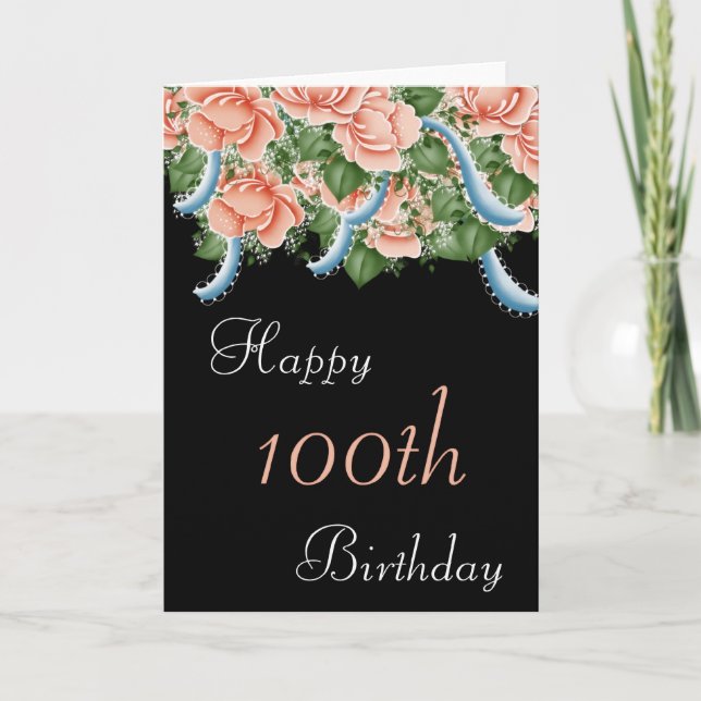 100th Birthday Peach Roses Happy Birthday Card (Front)