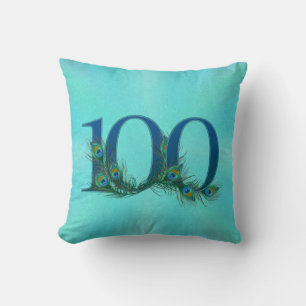 100th Birthday Peacock Feather Number Throw Pillow
