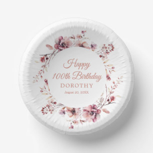 100th Birthday Personalized Burgundy Pink Floral Paper Plate