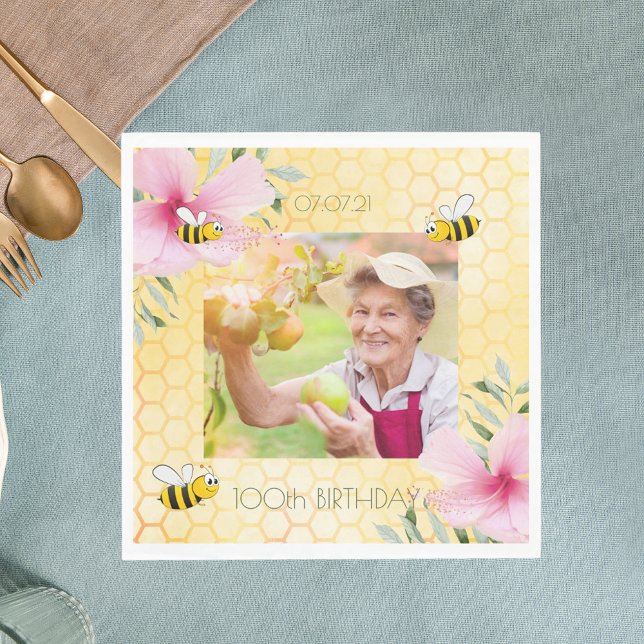 100th birthday photo Happy bumble bees honeycomb Napkin (Creator Uploaded)