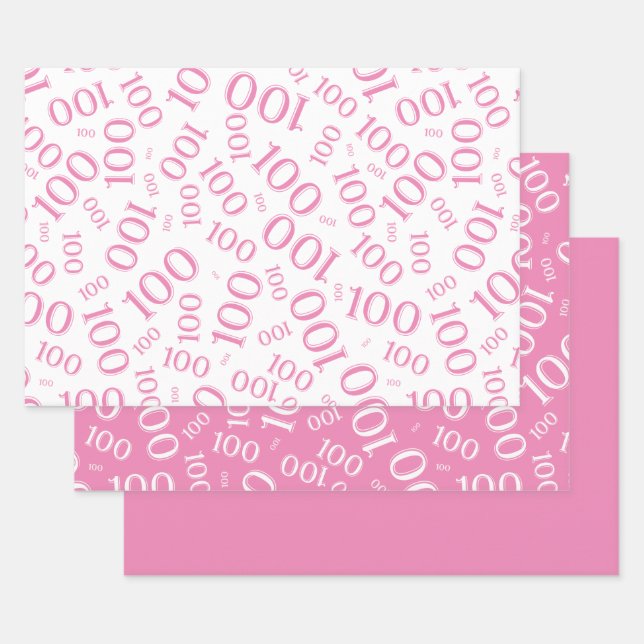 100th Birthday Pink and White Number Pattern 100 Wrapping Paper Sheet (Set)