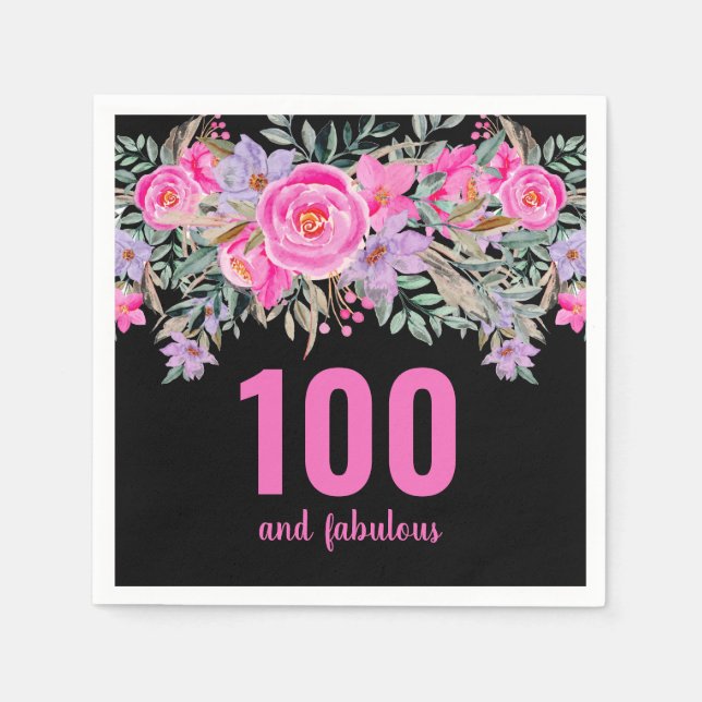 100th birthday pink black floral party napkins (Front)