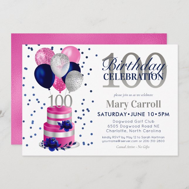 100th Birthday Pink Cake Invitation (Front/Back)