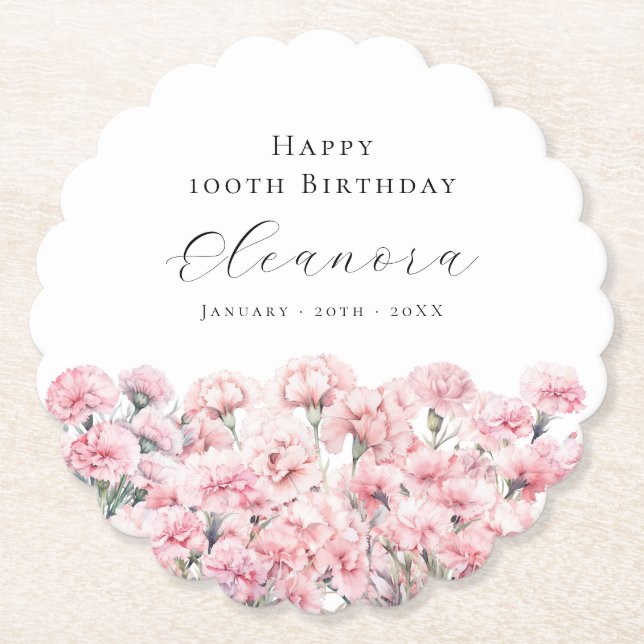 100th Birthday Pink Carnation January Birth Flower Paper Coaster (Front)
