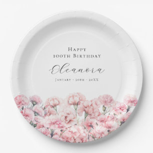 100th Birthday Pink Carnation January Birth Flower Paper Plate