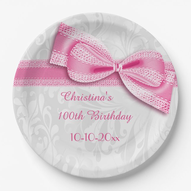 100th Birthday Pink Damask and Faux Bow Paper Plate (Front)