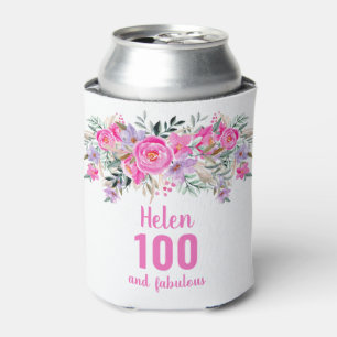 100th birthday pink floral can cooler