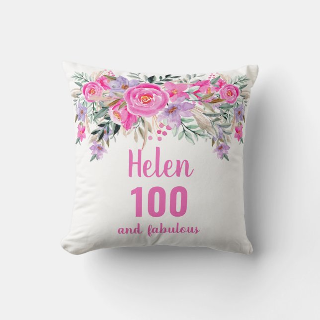 100th birthday pink floral name throw pillow (Front)