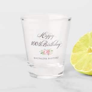 100th Birthday Pink Floral Personalized Shot Glass