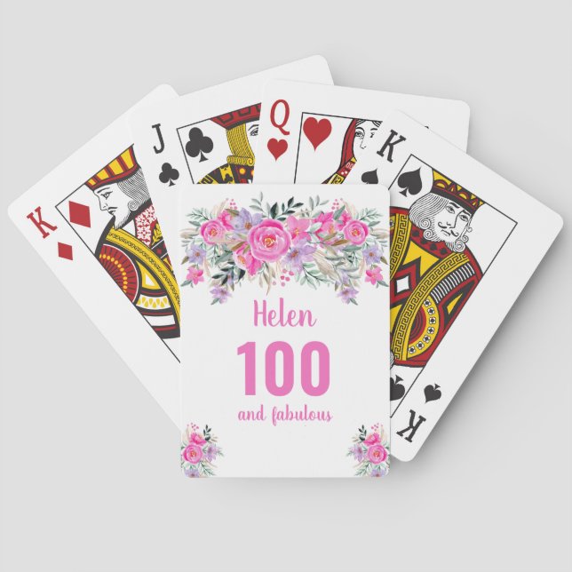 100th birthday pink floral playing cards (Back)