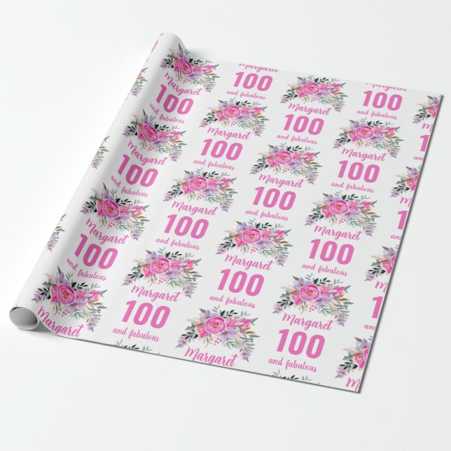 100th birthday pink floral wrapping paper (Unrolled)