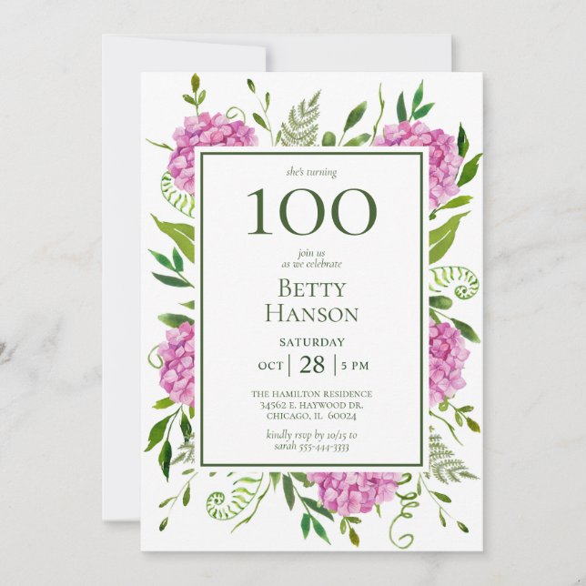 100th Birthday Pink Hydrangeas Invitation (Front)