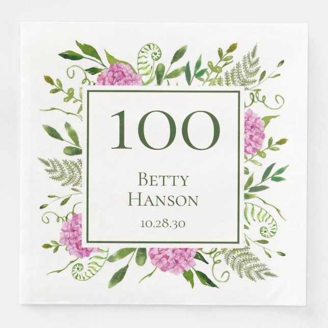 100th Birthday Pink Hydrangeas Napkin (Front)