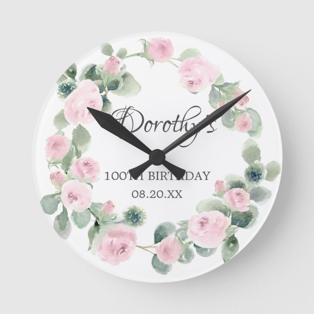 100th Birthday Pink Rose Floral Eucalyptus Wreath Round Clock (Front)
