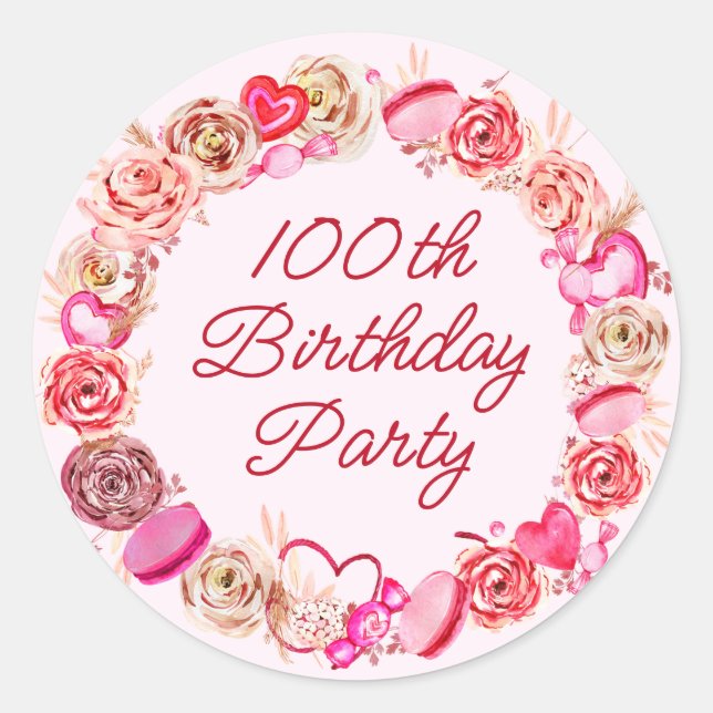 100th Birthday Pink Rose Swirly Heart Envelope Classic Round Sticker (Front)