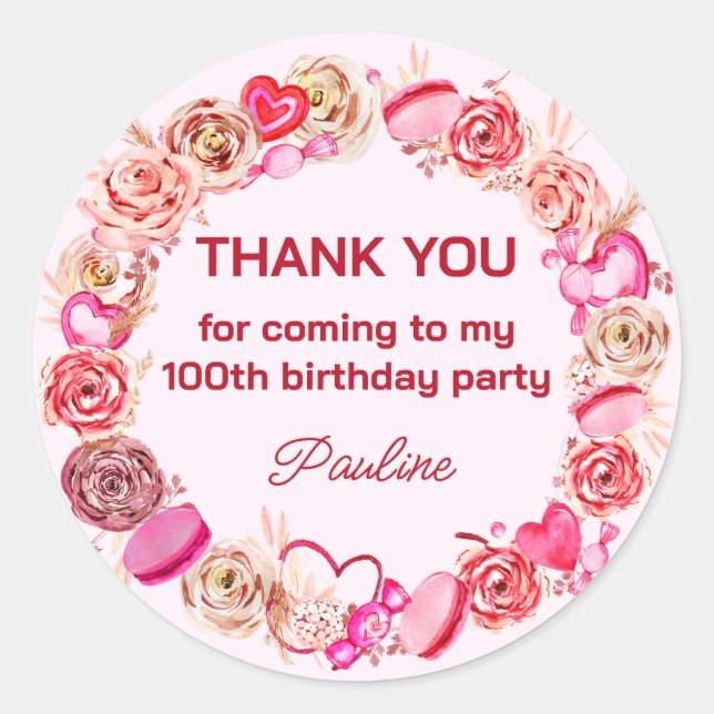 100th Birthday Pink Roses Swirly Heart  Classic Round Sticker (Front)