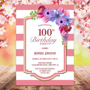 100th Birthday Pink Striped Lavender Floral Party Invitation