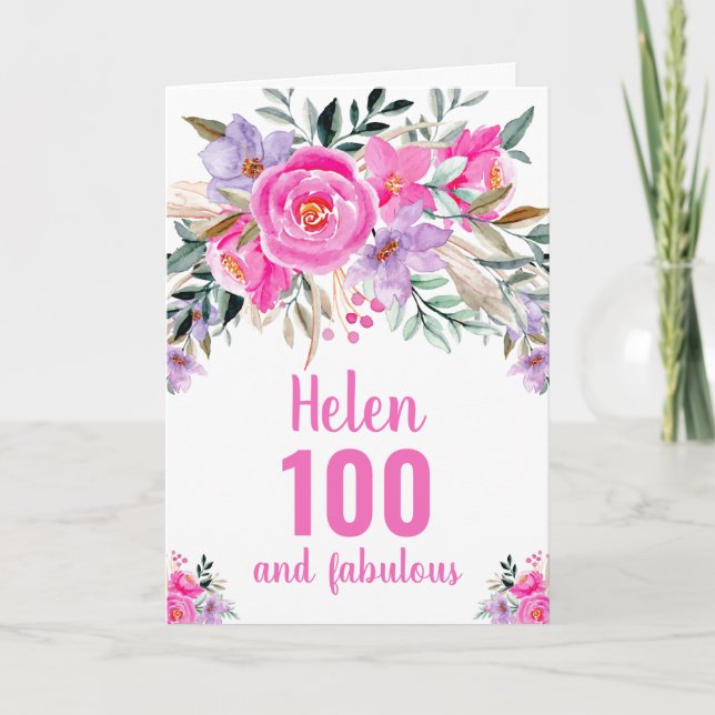 100th birthday pink watercolor floral card (Front)