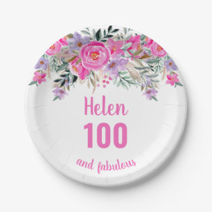 100th birthday pink watercolor floral  paper plate
