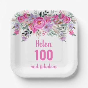 100th birthday pink watercolor floral  paper plate