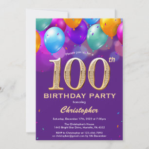 100th Birthday Purple and Gold Colourful Balloons Invitation