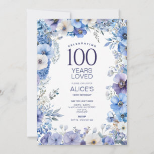100th Birthday, Purple & Blue Floral, Milestone Invitation
