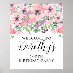 100th Birthday Purple Pink Wildflower Welcome Sign