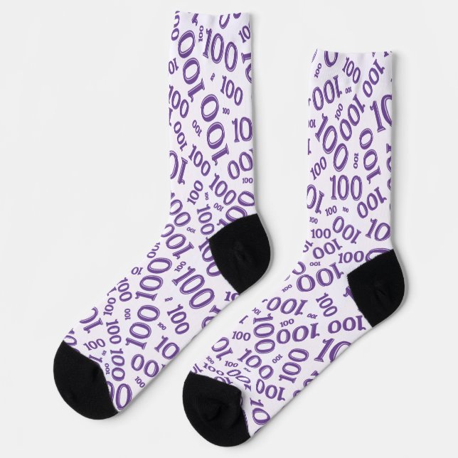 100th Birthday Purple Random Number Pattern Socks (Left)