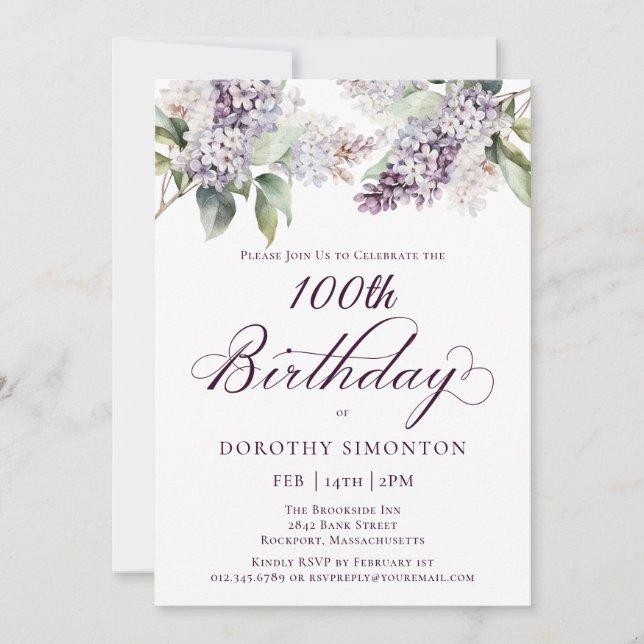 100th Birthday Purple Spring Lilac Flower Invitati Invitation (Front)
