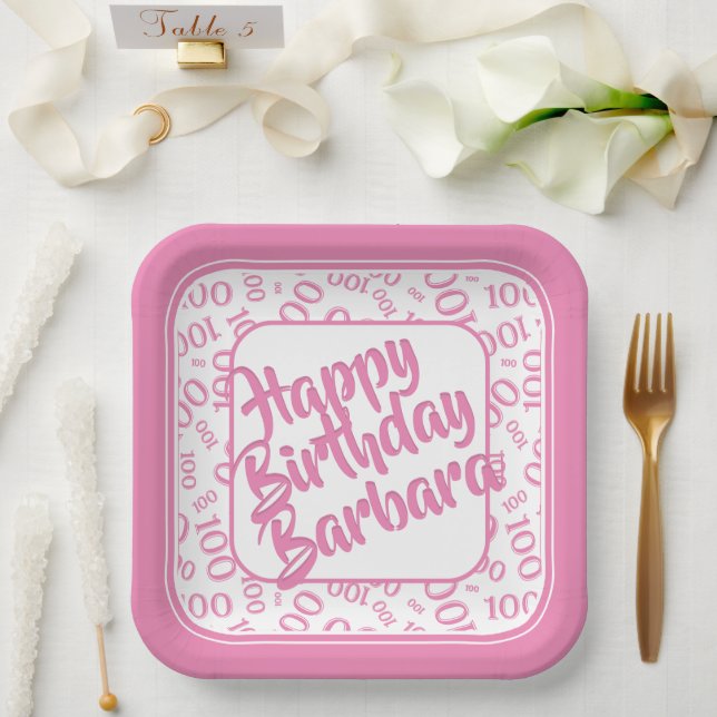 100th Birthday Random Number Pattern Pink/White Paper Plate (Wedding)