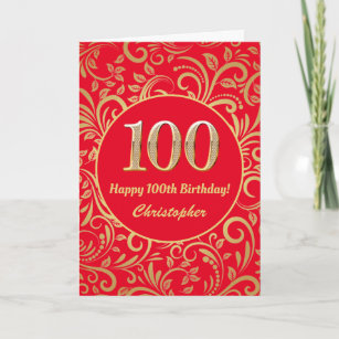 100th Birthday Red and Gold Floral Pattern Card