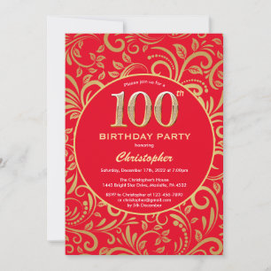 100th Birthday Red and Gold Floral Pattern Invitation
