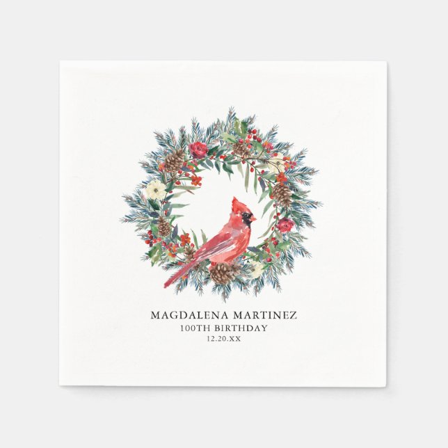 100th Birthday Red Cardinal Wreath Custom Cocktail Napkin (Front)