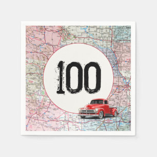 100th Birthday Red Retro Truck on Road Map  Napkin