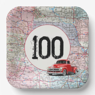 100th Birthday Red Retro Truck on Road Map Paper Plate
